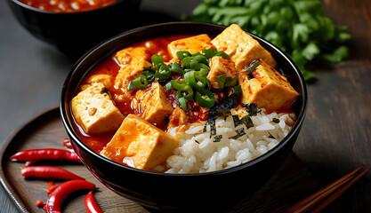 Close-Up of Spicy Tofu Stew Over Rice with Herbs and Seasoning