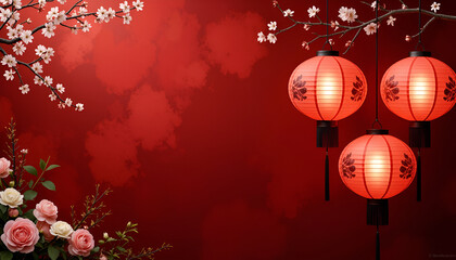 Red Lanterns and Flowers Chinese New Year