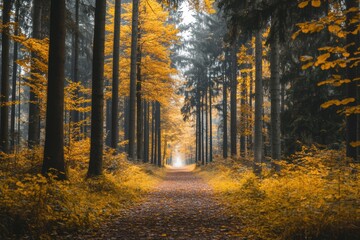 Obraz premium Vibrant autumn forest path with golden leaves and serene atmosphere for creative text placement and design mockup. Generative AI