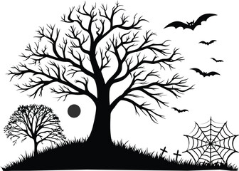 Halloween tree set vector illustration. Silhouette of a tree isolated. Spooky trees silhouette 