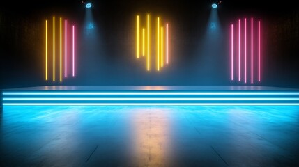 Neon stage glows brightly under vibrant light. AI Generated