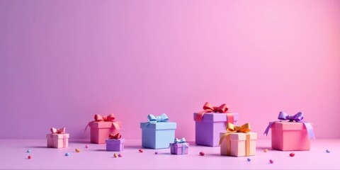 Pastel Presents A Delightful Array of Gift Boxes with Ribbons and Confetti on a Soft Pink Background