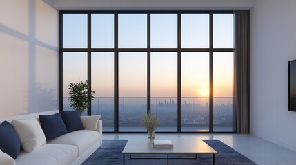 Fototapeta premium luxury apartment with exclusive view Modern living room with sunset view through large windows.