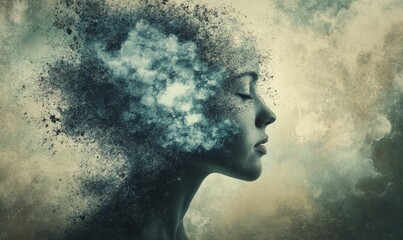 Disintegrating female profile, serene expression, textured background.
