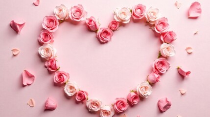 Obraz premium A Delicate Pink Rose Heart Shape Arrangement with Scattered Petals on a Soft Pink Background