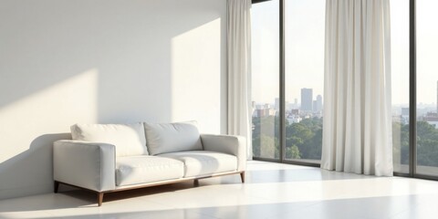 Fototapeta premium Modern Minimalist Living Room Interior Design with Sunlight Streaming Through Floor-to-Ceiling Windows and White Curtains