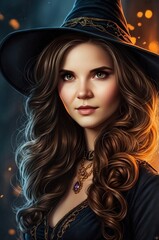 Portrait of a beautiful witch with flowing wavy hair, a black hat, and glowing embers in the background, exuding mystical charm.  
