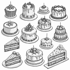 A collection of black and white line drawings featuring festive sweets and cakes, presented as icons on a white backdrop. Vector illustration