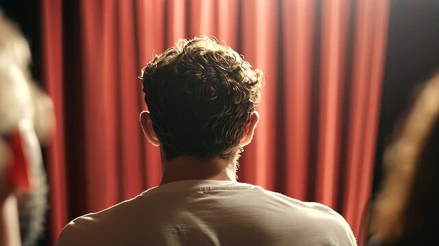 Performer Peeking from Stage Curtain with Audience in Background