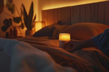 Nighttime routine with smart sleep tracker in cozy bedroom setting
