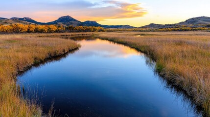 Fototapeta premium Autumn sunset over calm river, golden grasses, distant hills. Peaceful nature scene for travel brochures