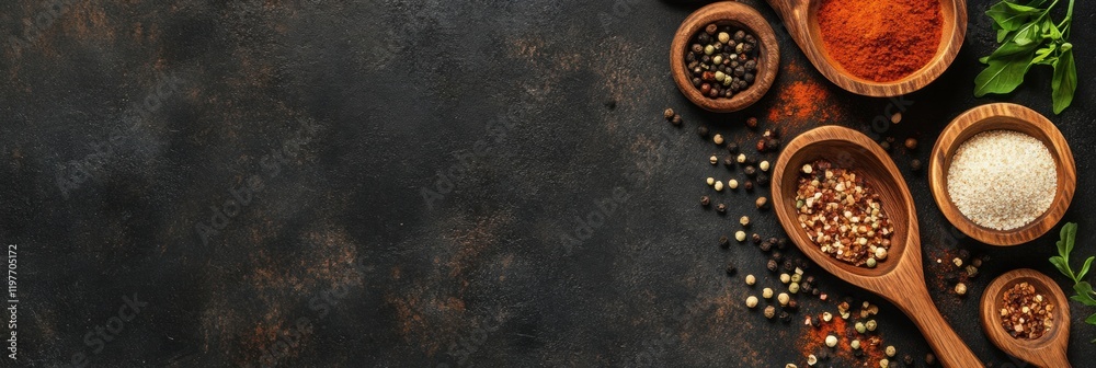 Poster display of colorful spices in wooden bowls on a dark stone background with ample space for text. gen