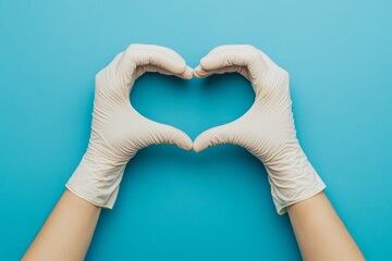 Obraz premium Doctors hands forming a heart shape on a blue background to symbolize care. Generative AI