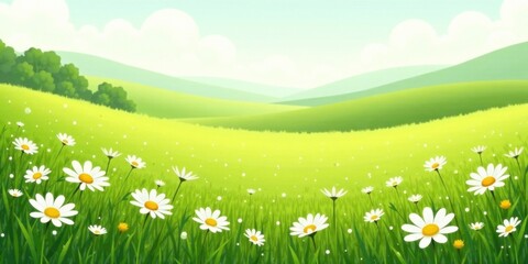 Serene Meadow Landscape Rolling Hills and Daisies in a Sunny Spring Day