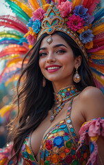 Fototapeta premium beautiful smiling Woman dancer in brazilian Carnival Rio de Janeiro, samba carnival costume with colorful feathers plumage.