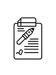 Outline of a clipboard with a pen symbolizing organization and documentation
