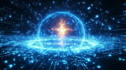 Obraz premium A glowing, blue, digital representation of Earth surrounded by a grid of connected lines, representing the global network of technology and communication