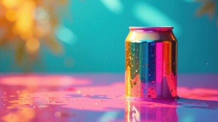 Vibrant Iridescent Can in a Pink Liquid Spill Against a Teal Background with Golden Bokeh