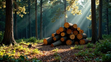 Sunlit Forest Scene A Pile of Logs in a Wooded Area with a Hand Tool