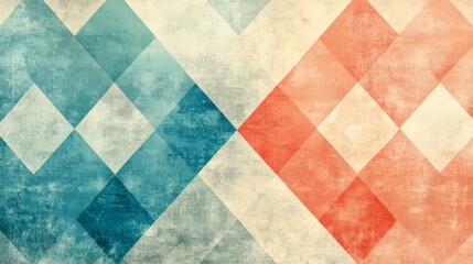A textured background featuring a pattern of blue and red diamond shapes, creating a vintage-inspired aesthetic.