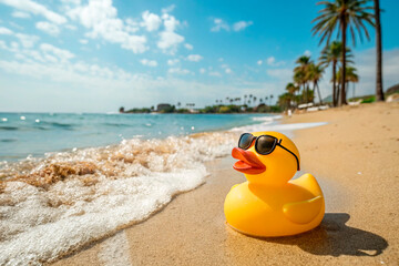 Obraz premium a realistic rubber duck having a fine day swimming at a California beach with a sunglasses - generated by ai