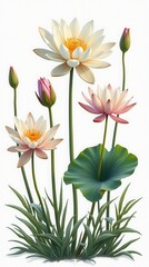 Fototapeta premium Set Of Aquatic Flowers Including Water Lilies, Lotus, And Papyrus Blooms