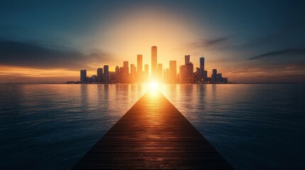 Obraz premium A stunning sunset illuminates a city skyline, reflected in calm waters, with a wooden pier leading toward the vibrant horizon.