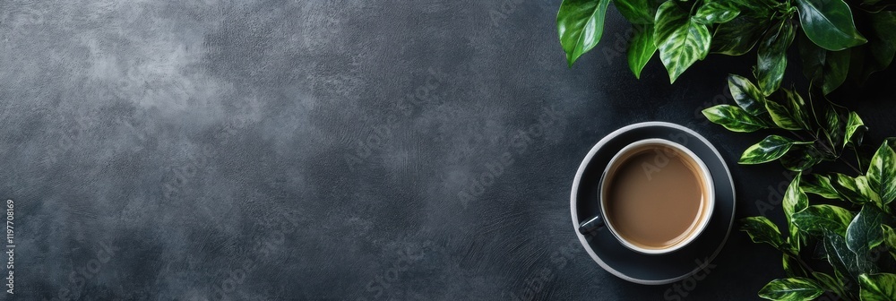 Poster coffee cup and greenery on a dark tabletop providing ample space for text and creative mockup ideas.