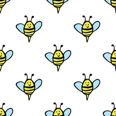 Seamless pattern with happy bees doodle for decorative print, wrapping paper, greeting cards, wallpaper and fabric