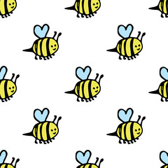 Seamless pattern with happy bees doodle for decorative print, wrapping paper, greeting cards, wallpaper and fabric
