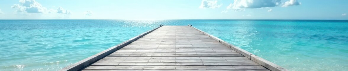 Obraz premium Gray weathered wooden pier deck extends over calm blue sea under summer sky, blue water, sunshine, blue