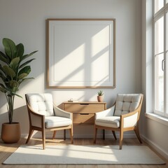 Stylish Home Living Room Interior With Chairs And Drawer, Mockup Frame