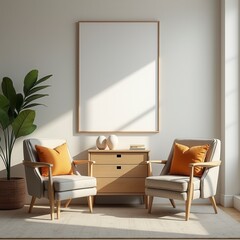 Stylish Home Living Room Interior With Chairs And Drawer, Mockup Frame