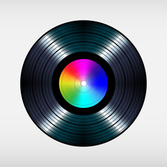 Vinyl record with rainbow paper label. Vector isolated on white background.	