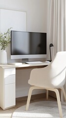 Obraz premium Modern home office setup cozy living space desk arrangement minimalist environment bright viewpoint productivity focus