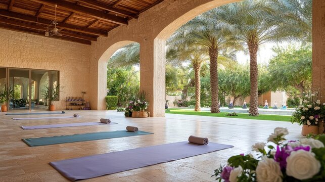 Outdoor yoga class, tranquil oasis, palm trees, relaxation