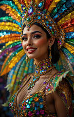 Fototapeta premium beautiful smiling Woman dancer in brazilian Carnival Rio de Janeiro, samba carnival costume with colorful feathers plumage.
