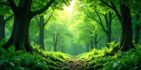 Obraz premium Serene Path Through a Lush, Sun-Dappled Forest with Ancient Trees and Vibrant Undergrowth
