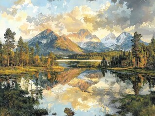 Naklejka premium Nature art fusion modern collage of mountain landscape reflections in serene lake environment