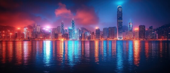 Obraz premium A vibrant city skyline at night, reflecting colorful lights on water.