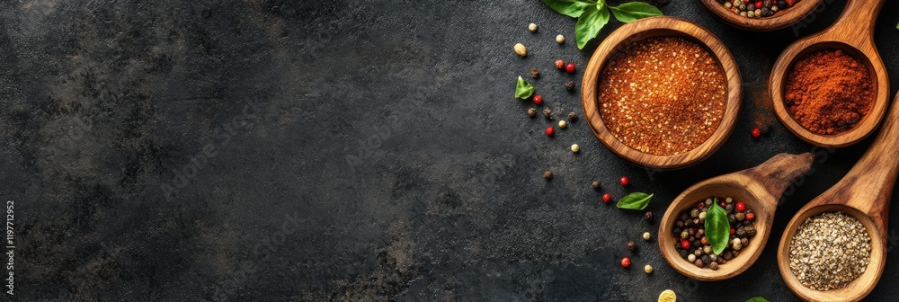 Aufkleber colorful variety of spices in wooden bowls on a dark surface with ample copy space for text. generat