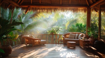 Fototapeta premium Tropical porch with bamboo furniture, palm trees and thatched roof generative ai