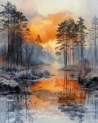 Fototapeta premium Serene sunrise reflection on tranquil river forested landscape nature art fusion surrealism peaceful atmosphere