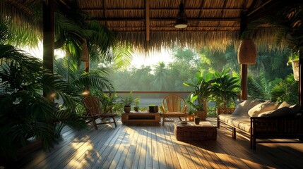 Tropical porch with bamboo furniture, palm trees and thatched roof generative ai