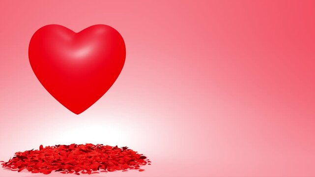 A animated large red heart surrounded by a shower of falling red rose petals.