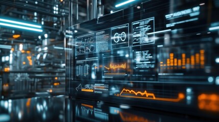 A bright interface featuring a series of charts and tables filled with statistical analyses on a glass monitor while reflections of factory equipment flicker softly in the background.