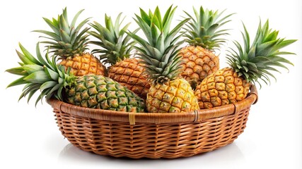 Basket of ripe pineapples  - A wicker basket filled with golden-yellow pineapples and lush green tops, symbolizing tropical freshness, sweetness, and natural appeal.  
