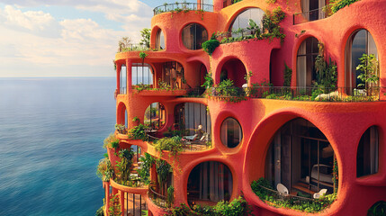 Surreal Multi-Level Terraces Overlooking Ocean, Featuring Unique Architecture and Vegetation. Concept of Futuristic Living Spaces, Organic Design
