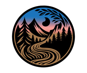 Circular landscape emblem, silhouette of pine forest, iconic badge design for t-shirt