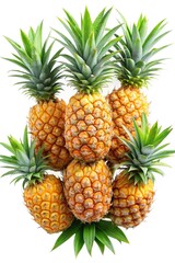 Stacked ripe pineapples with green leaves  - A neat stack of fresh pineapples with golden-yellow skin and lush green tops, highlighting tropical sweetness and exotic appeal.  
